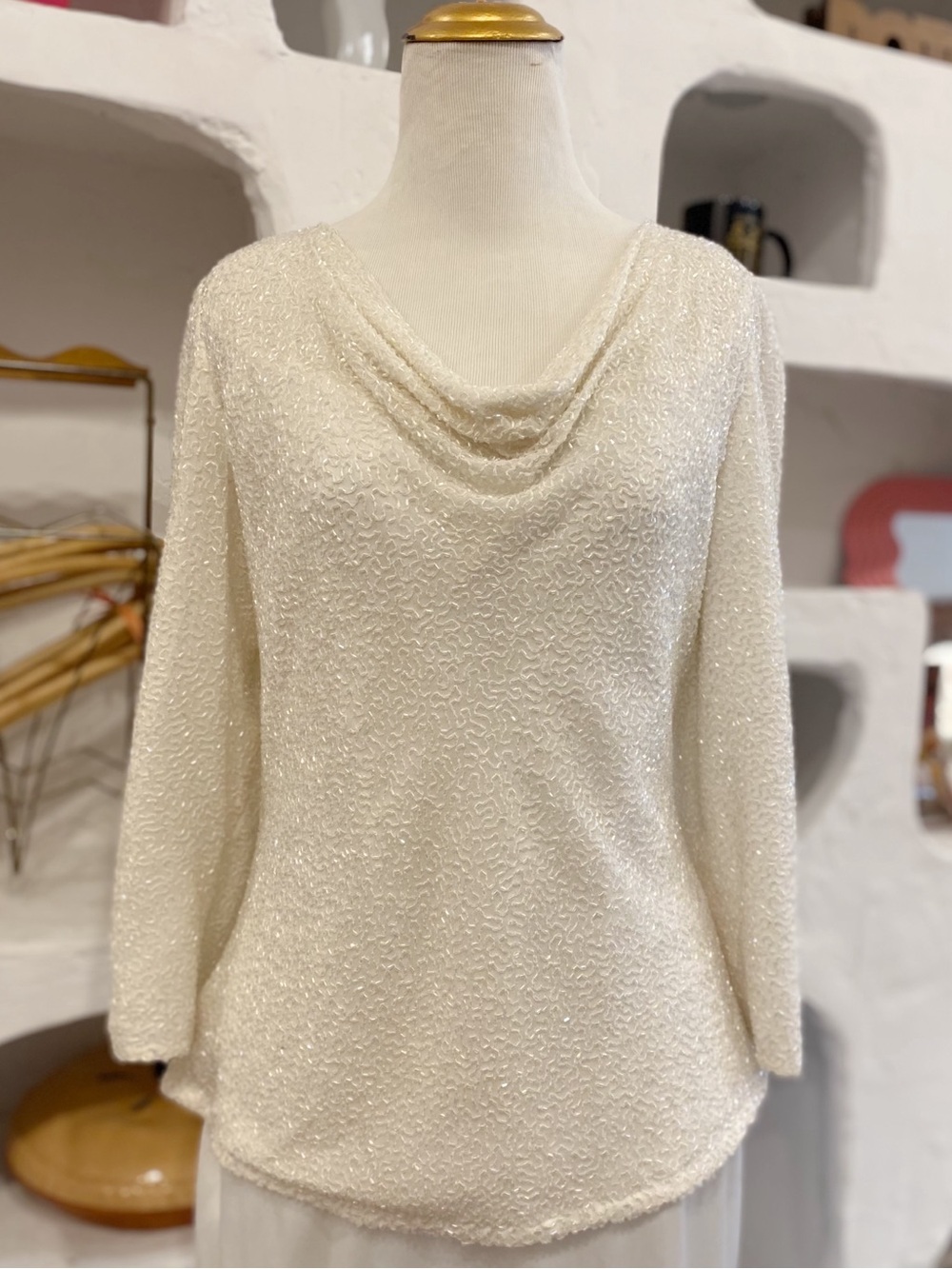 Vintage White Long Sleeve Cowl Neck Clear Beaded Silk Blouse Made in India